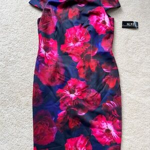 SLNY Pink and Red One Shoulder Sheath Dress